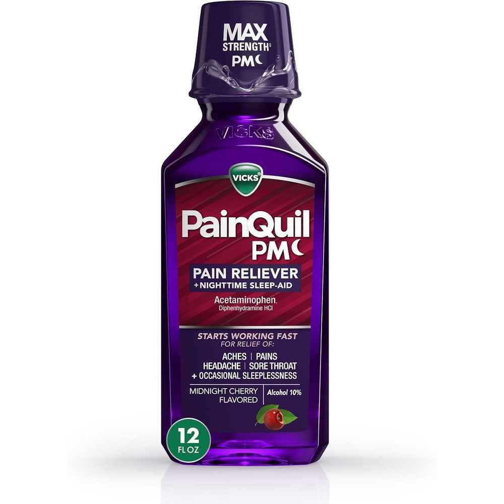Vicks PainQuil PM liquid nighttime pain reliever front packaging view