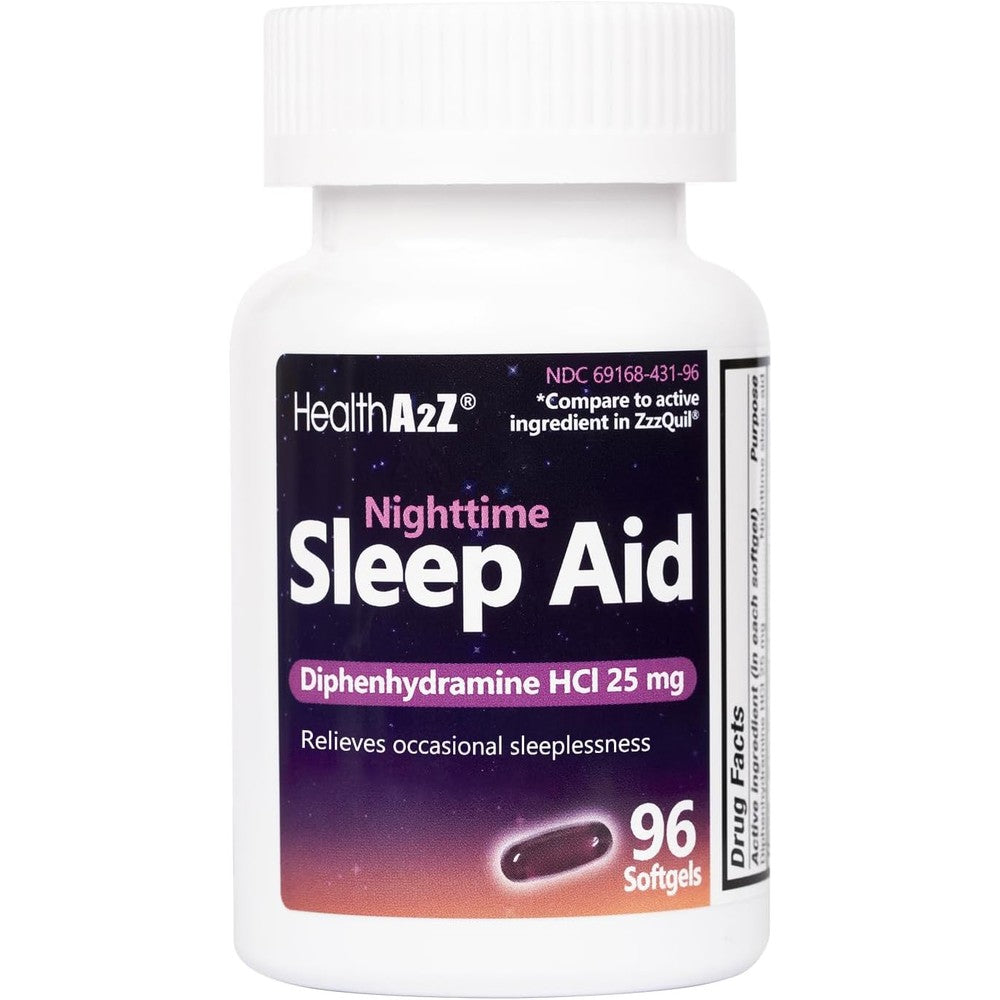 HealthA2Z Sleep Aid 96 softgels front bottle packaging view showing 25mg strength.