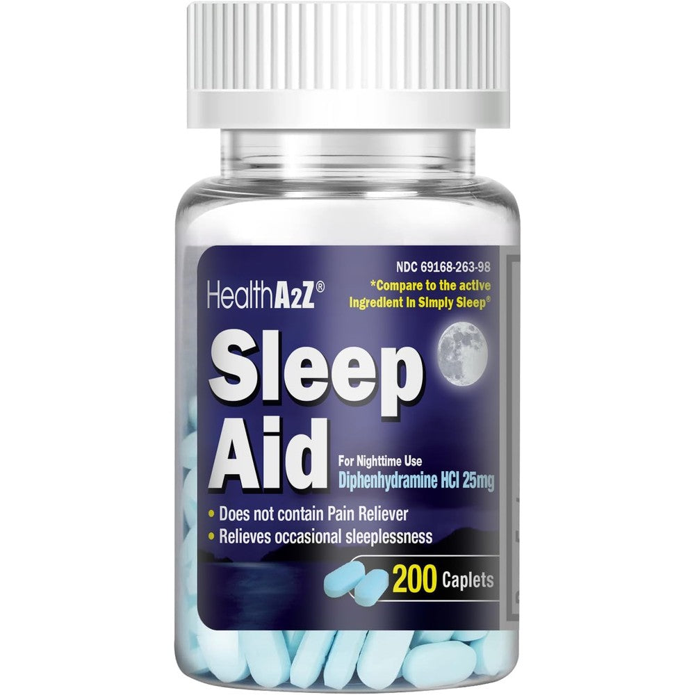 HealthA2Z Sleep Aid 200 Caplets front packaging showing diphenhydramine twenty-five milligrams