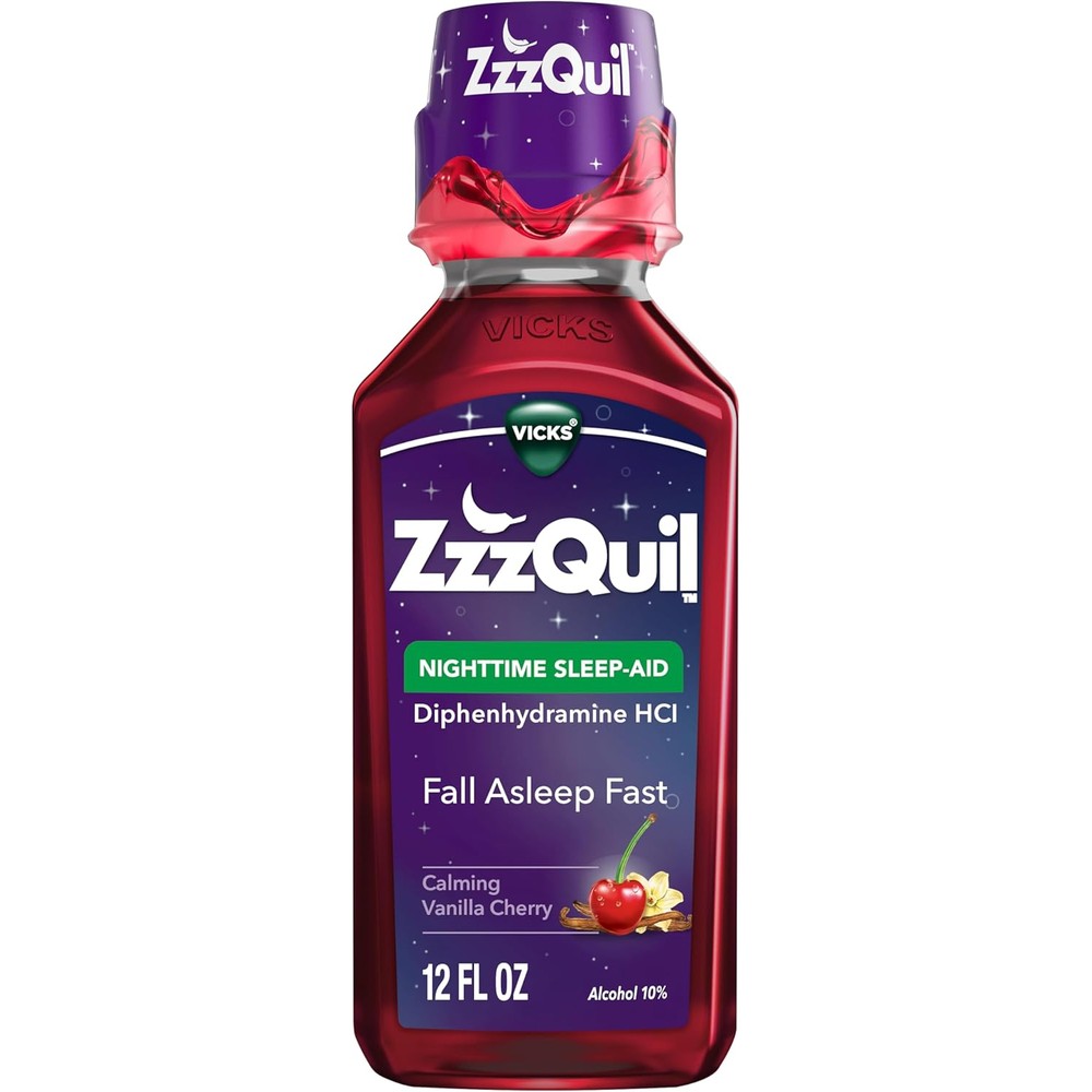 Xllent ZzzQuil Nighttime Sleep Aid Liquid front view packaging showing vanilla cherry flavor details.