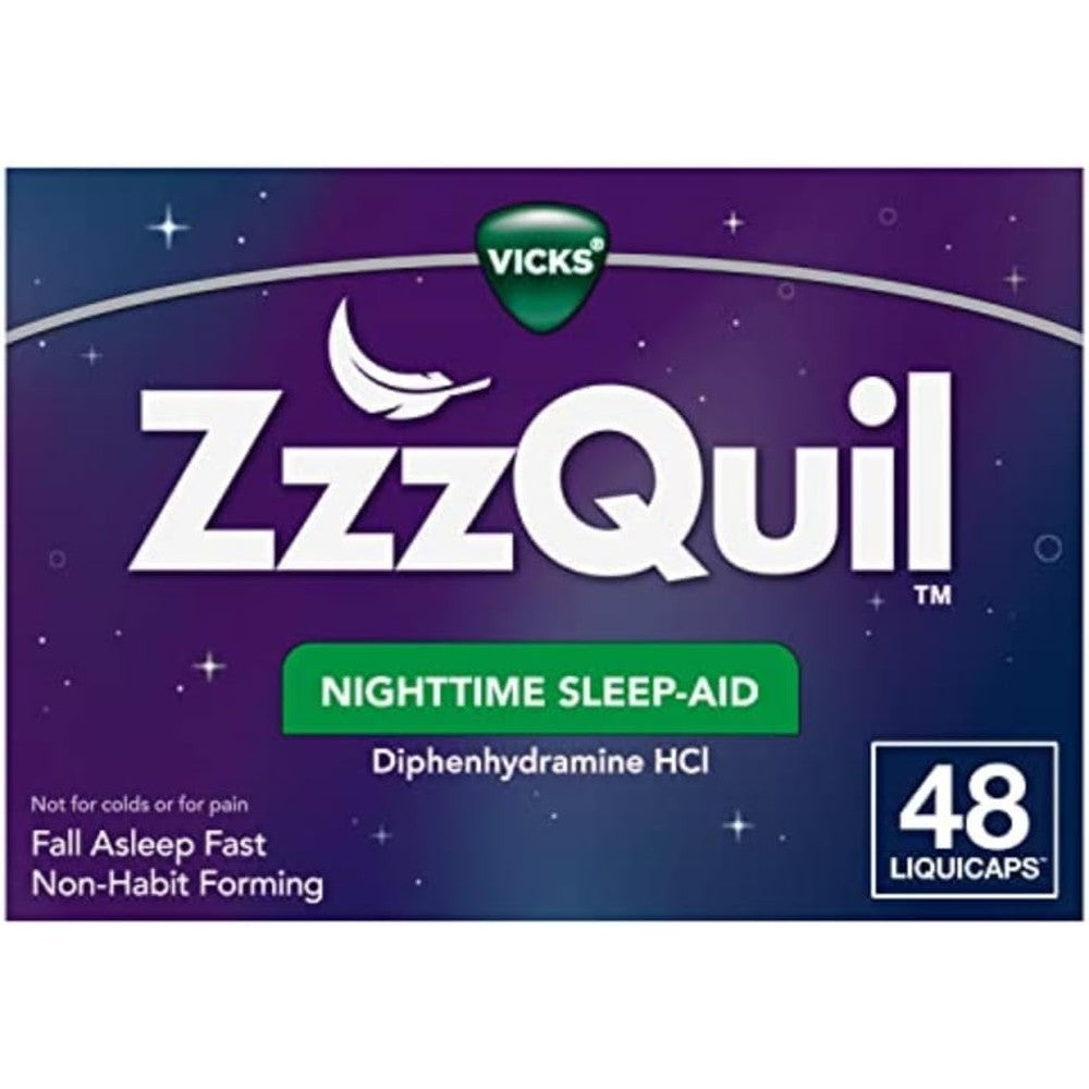 ZzzQuil Nighttime Sleep Aid LiquiCaps 48 count front packaging view showing non-habit forming label.