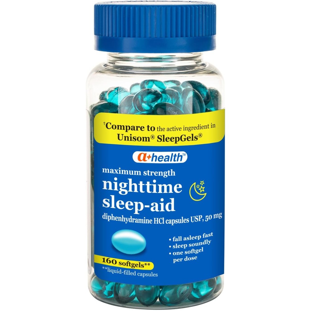 A+Health Nighttime Sleep Aid Diphenhydramine 50mg front view bottle containing 160 maximum strength liquid softgels