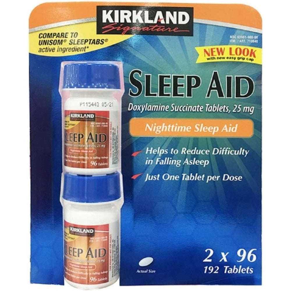 Kirkland Signature Nighttime Sleep Aid 192 Tablets front view packaging for occasional sleeplessness relief.
