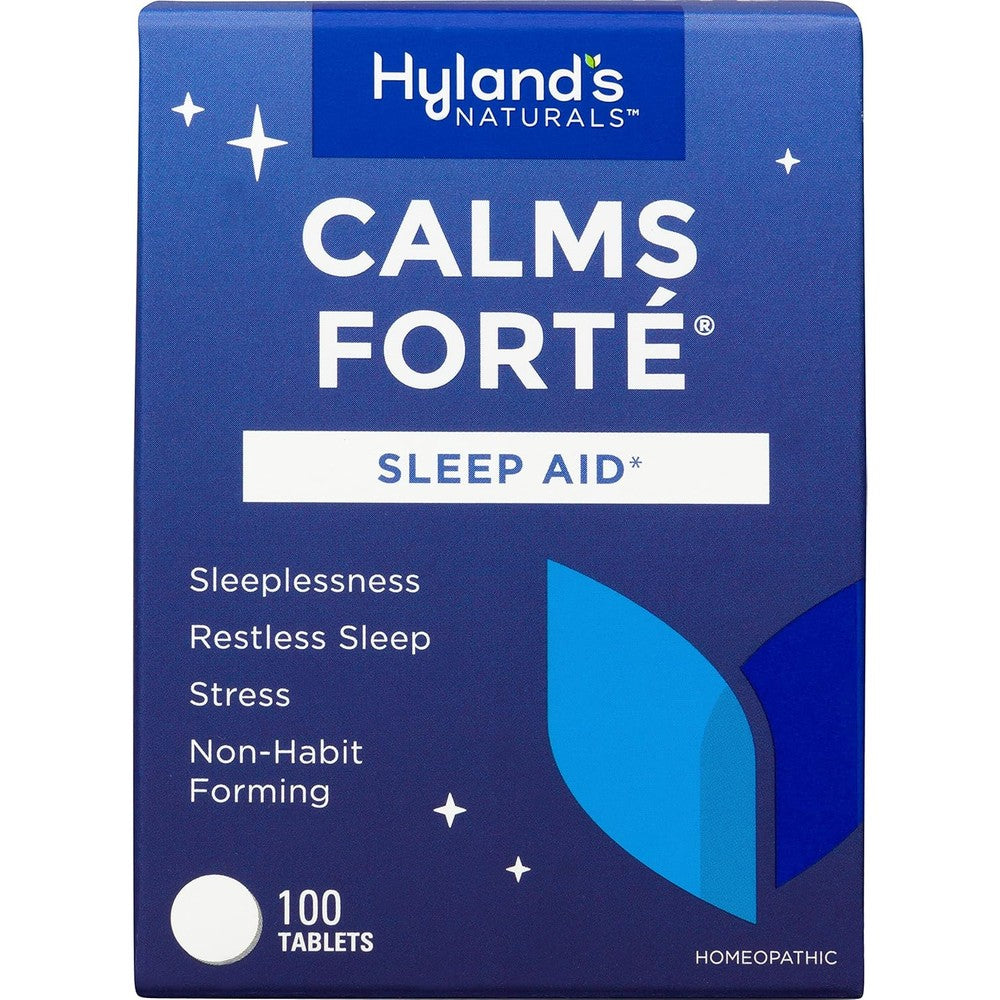 Hyland's Naturals Calms Forte 100 tablets bottle front view showcasing natural sleep aid packaging