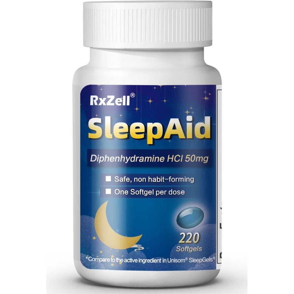 RXZELL Sleep Aid 50mg front bottle view showing 220 liquid softgels nighttime supplement.