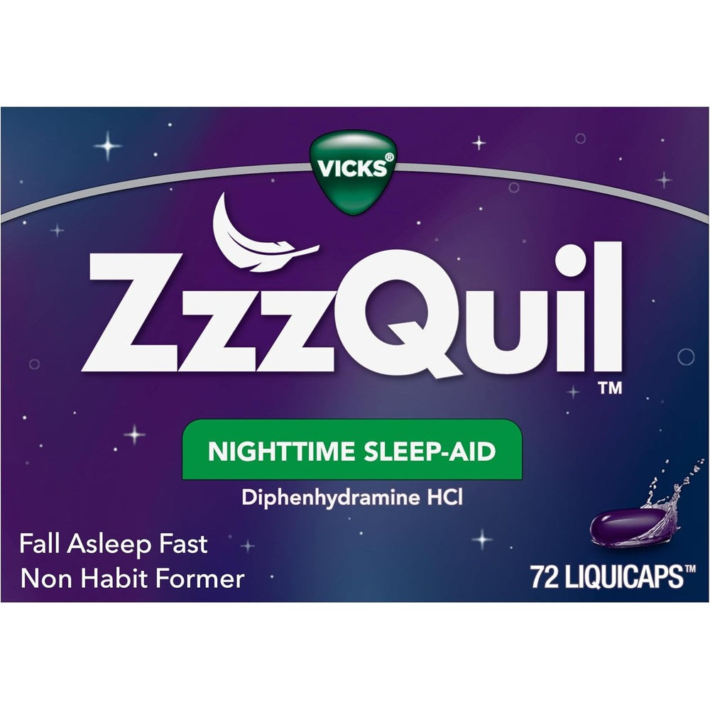 ZzzQuil LiquiCap Sleep Aid 72 count packaging front view showcasing over the counter nighttime medicine