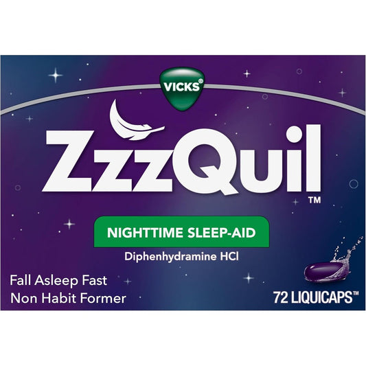 ZzzQuil LiquiCap Sleep Aid 72 count packaging front view showcasing over the counter nighttime medicine