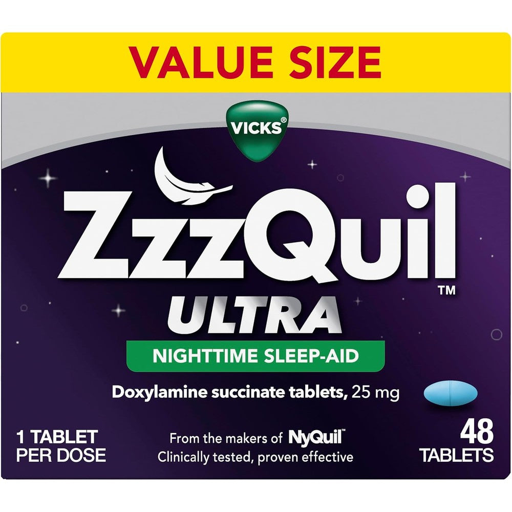 Vicks ZzzQuil Ultra Nighttime Sleep Aid 48 tablets front box view containing doxylamine succinate