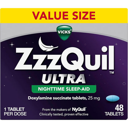 Vicks ZzzQuil Ultra Nighttime Sleep Aid 48 tablets front box view containing doxylamine succinate
