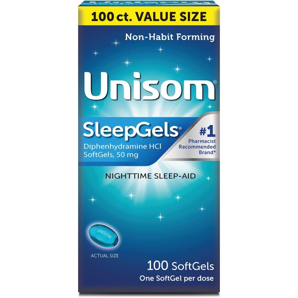 Unisom Nighttime Sleep Aid Gels 100 count front packaging for occasional sleeplessness relief.