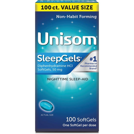 Unisom Nighttime Sleep Aid Gels 100 count front packaging for occasional sleeplessness relief.