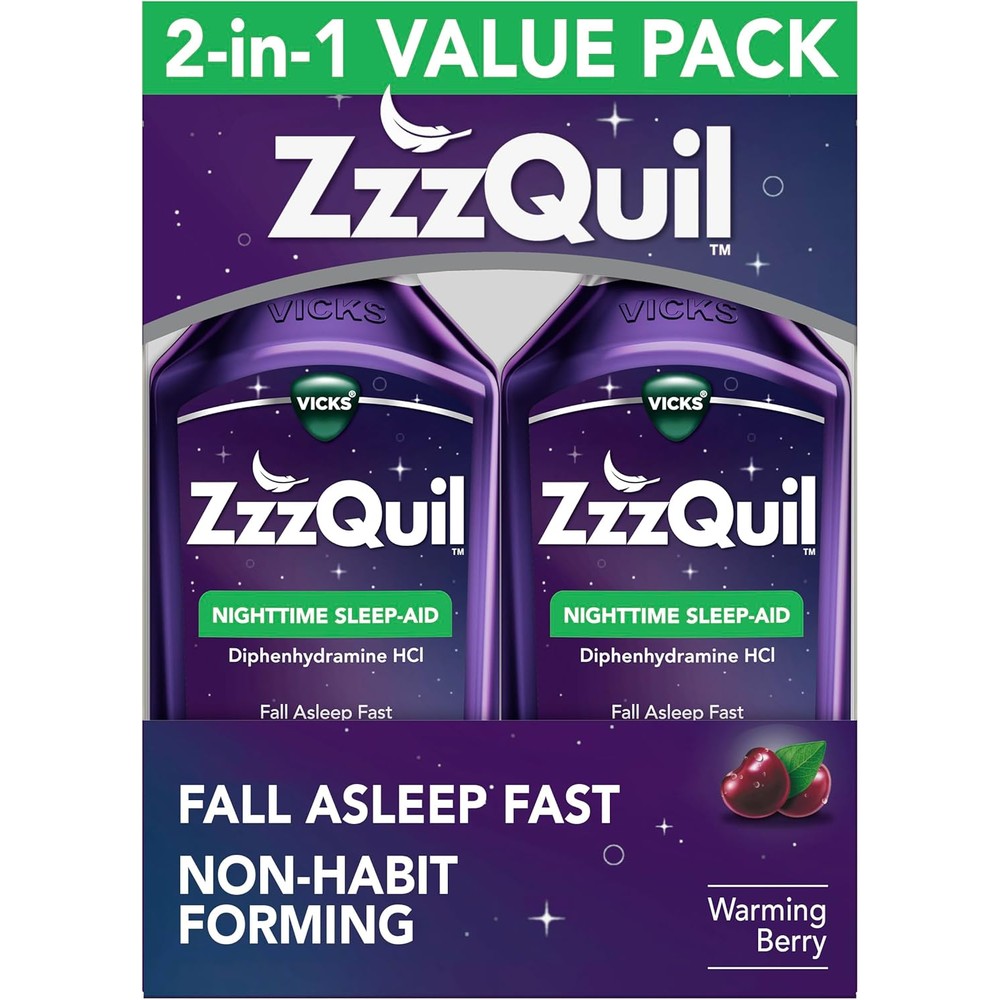 Vicks ZzzQuil Nighttime Sleep Aid Liquid Warming Berry Flavor front packaging view