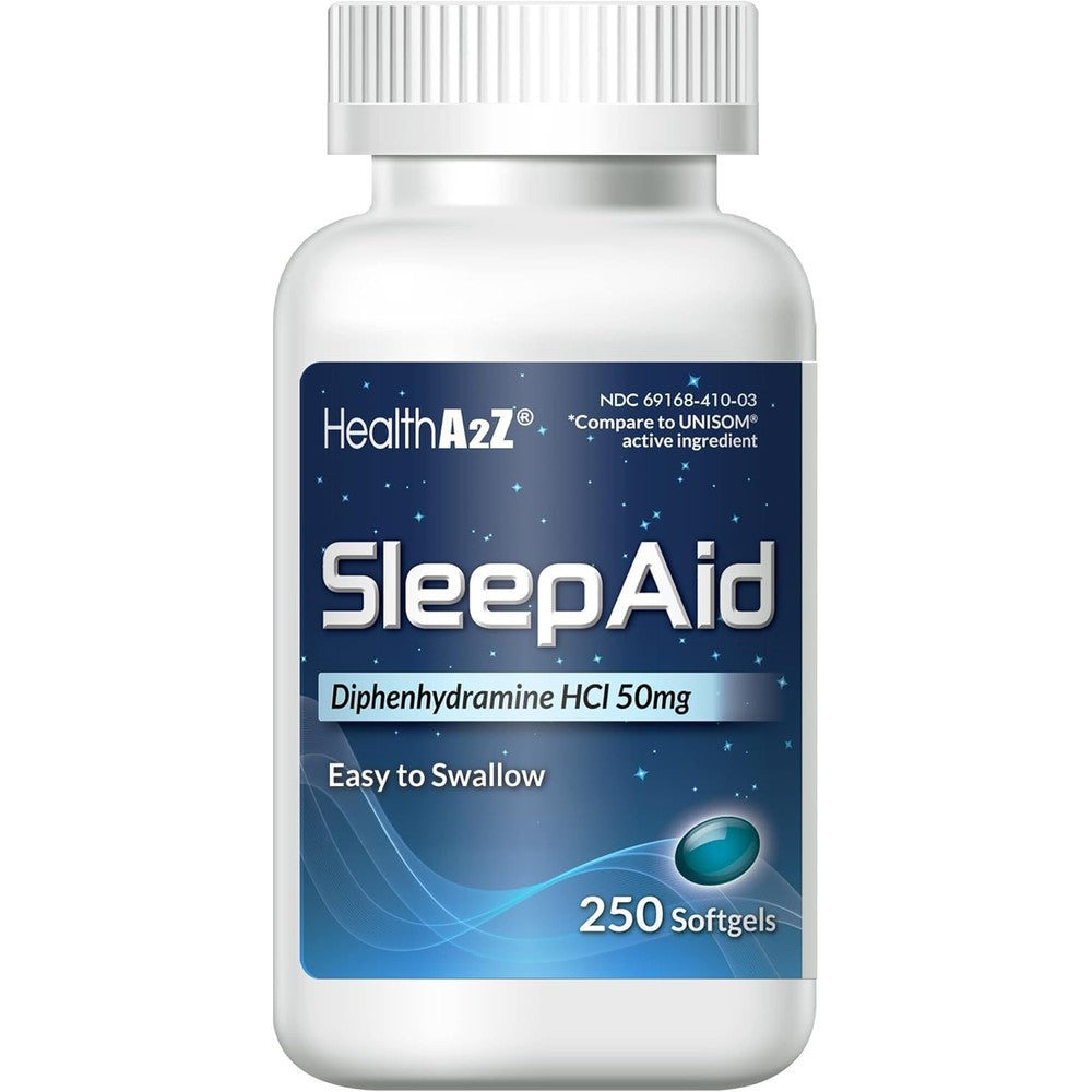 HealthA2Z Sleep Aid front view bottle containing 250 maximum strength softgels for deep rest.