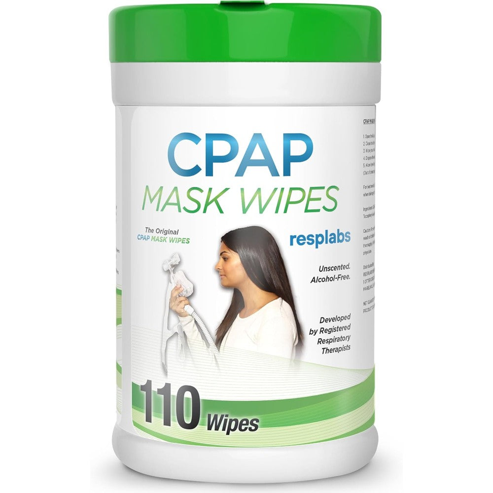 RespLabs Medical Inc. CPAP Mask Wipes front view of 110 count canister for respiratory hygiene.