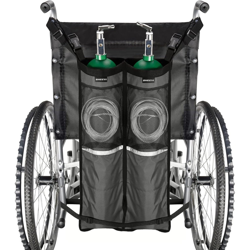 ZHEEYI dual oxygen tank holder front view on wheelchair