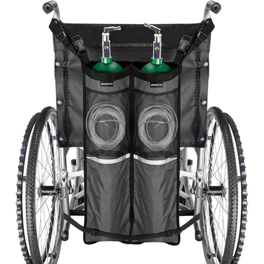 ZHEEYI dual oxygen tank holder front view on wheelchair