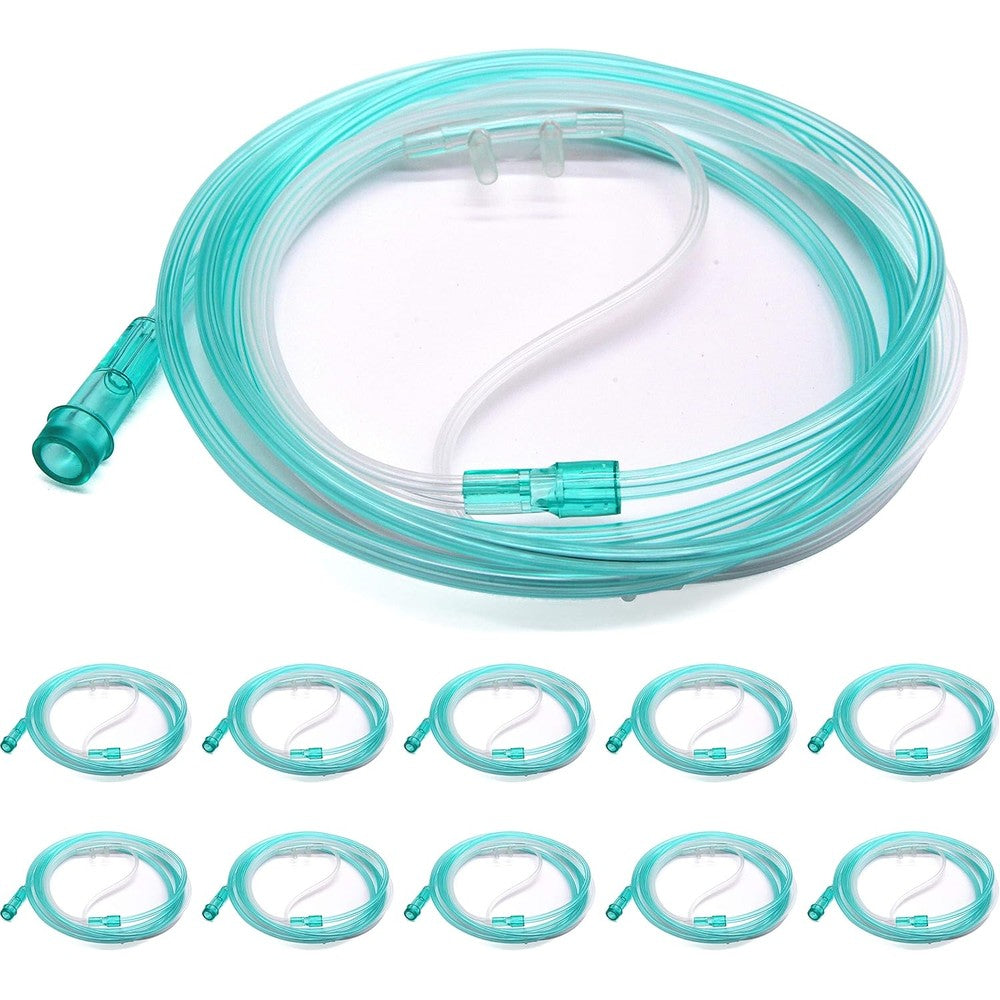 Healva High Flow Soft Nasal Oxygen Cannula 10 pack front view showing green tubing and packaging.