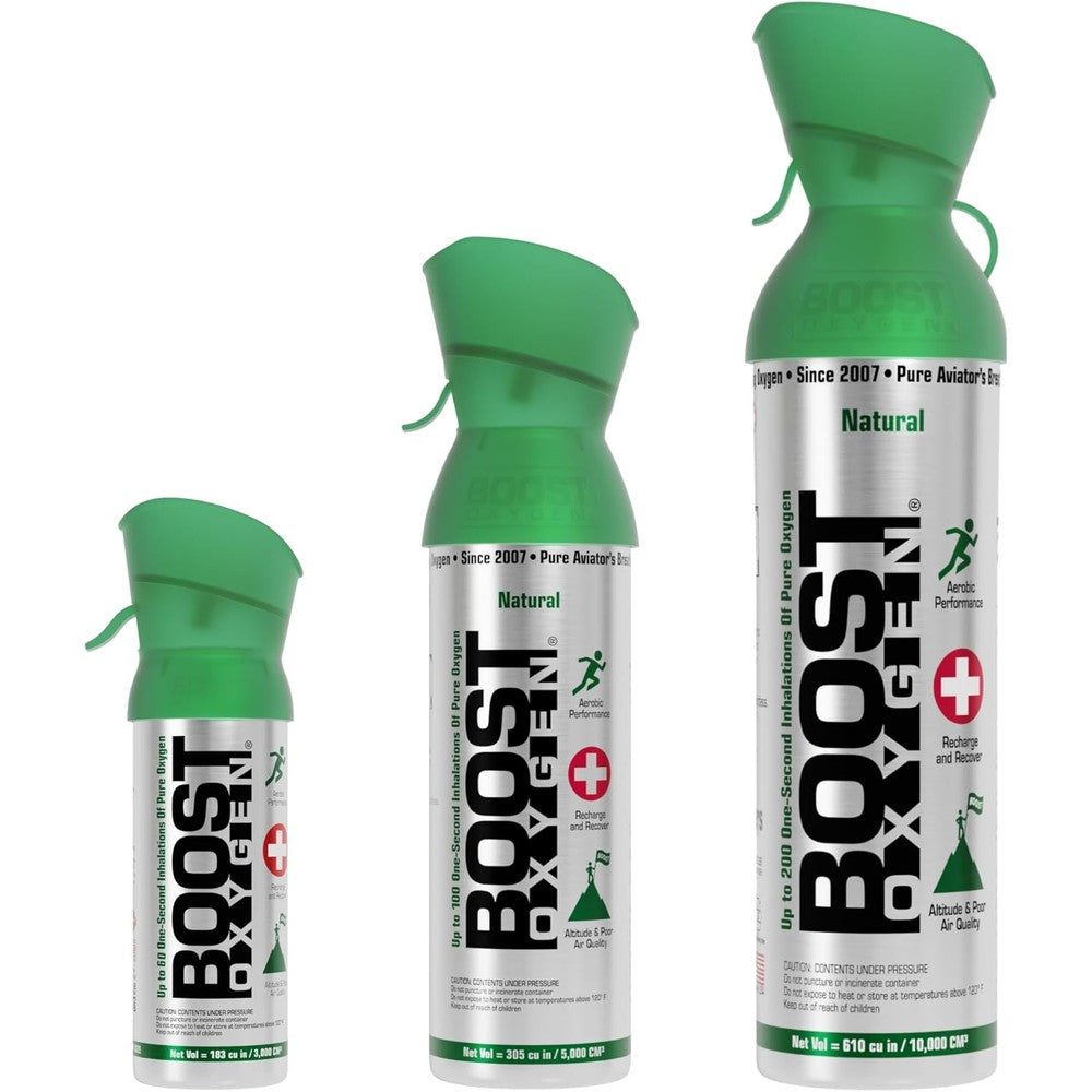 Boost Oxygen Natural Collection three pack canisters front view showing all sizes.