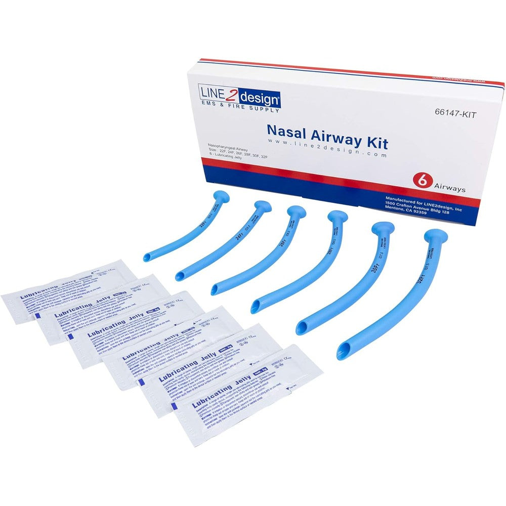 LINE2design Nasal Airway Kit front view showing six sterile individually wrapped NPA tubes.