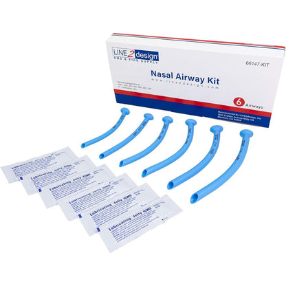 LINE2design Nasal Airway Kit front view showing six sterile individually wrapped NPA tubes.