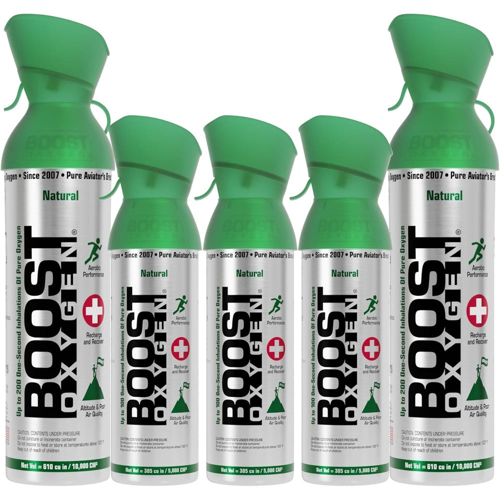 Boost Oxygen Natural Bundle front view showing five canisters