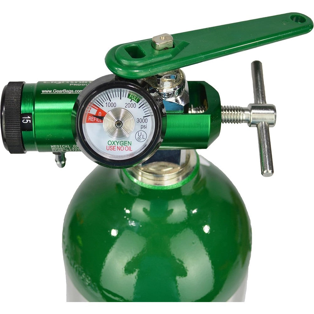 Lightning X Products O2 Mini Oxygen Regulator front view showing the green body and recessed gauge.