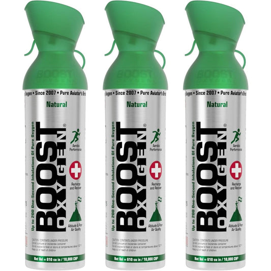 Boost Oxygen Large Natural 10 Liter Canister 3 pack front view for respiratory support.