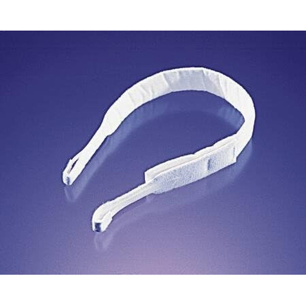 Covidien Shiley Tracheostomy Tube Holder front view showing adjustable white cotton strap for medical securement.