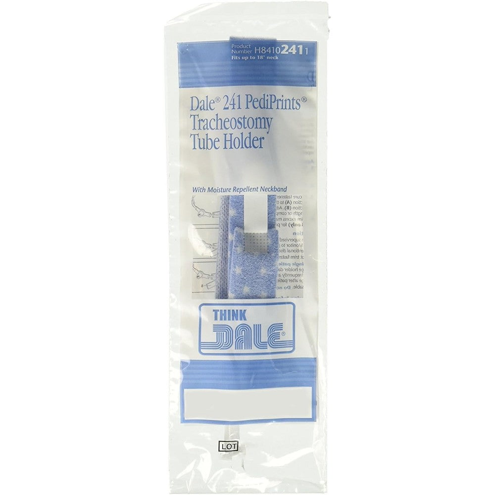 Dale Medical 241 Pediprints Tracheostomy Tube Holder front view showing pediatric print pattern.