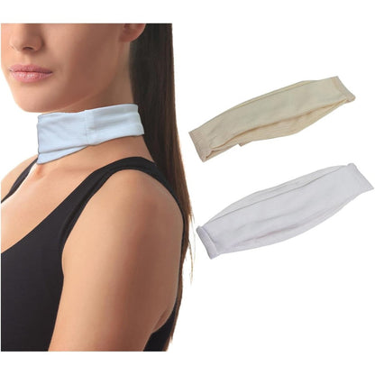 BODHIS Trach Covers 2 Piece pack front view white and beige breathable fabric.