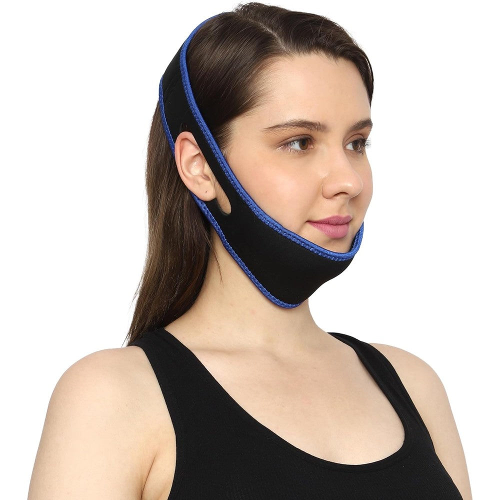 HealthGoodsIn anti-snoring chin strap front view on model for sleep aid.