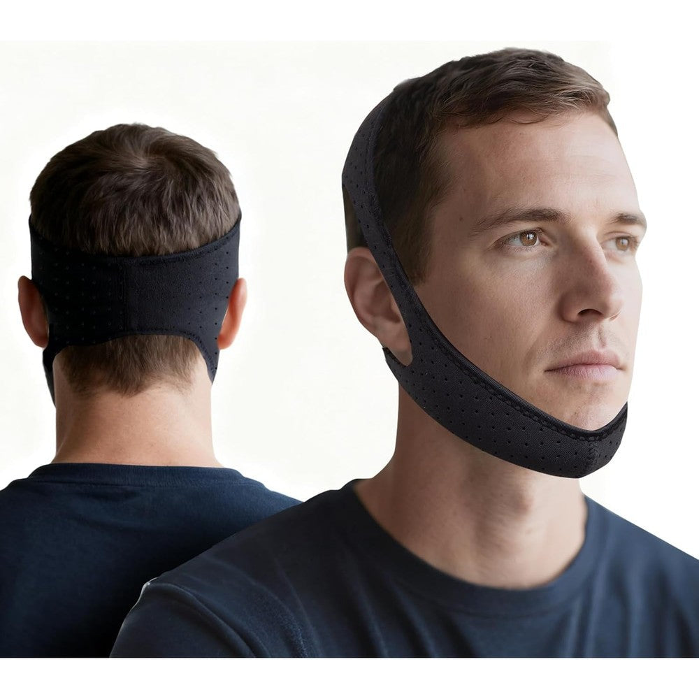 Frackson Anti Snoring Chin Strap front view showing breathable black mesh and adjustable head straps.