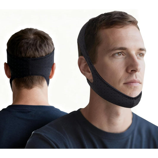 Frackson Anti Snoring Chin Strap front view showing breathable black mesh and adjustable head straps.