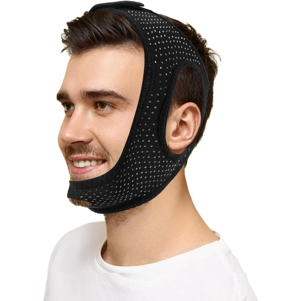 HDSMNGY anti snoring chin strap front view on user showing mesh material.