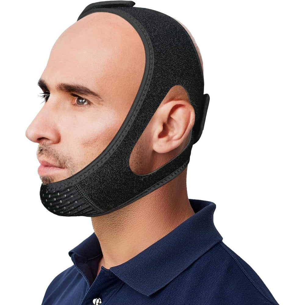 PIDOTI CPAP chin strap black front view for snoring relief.