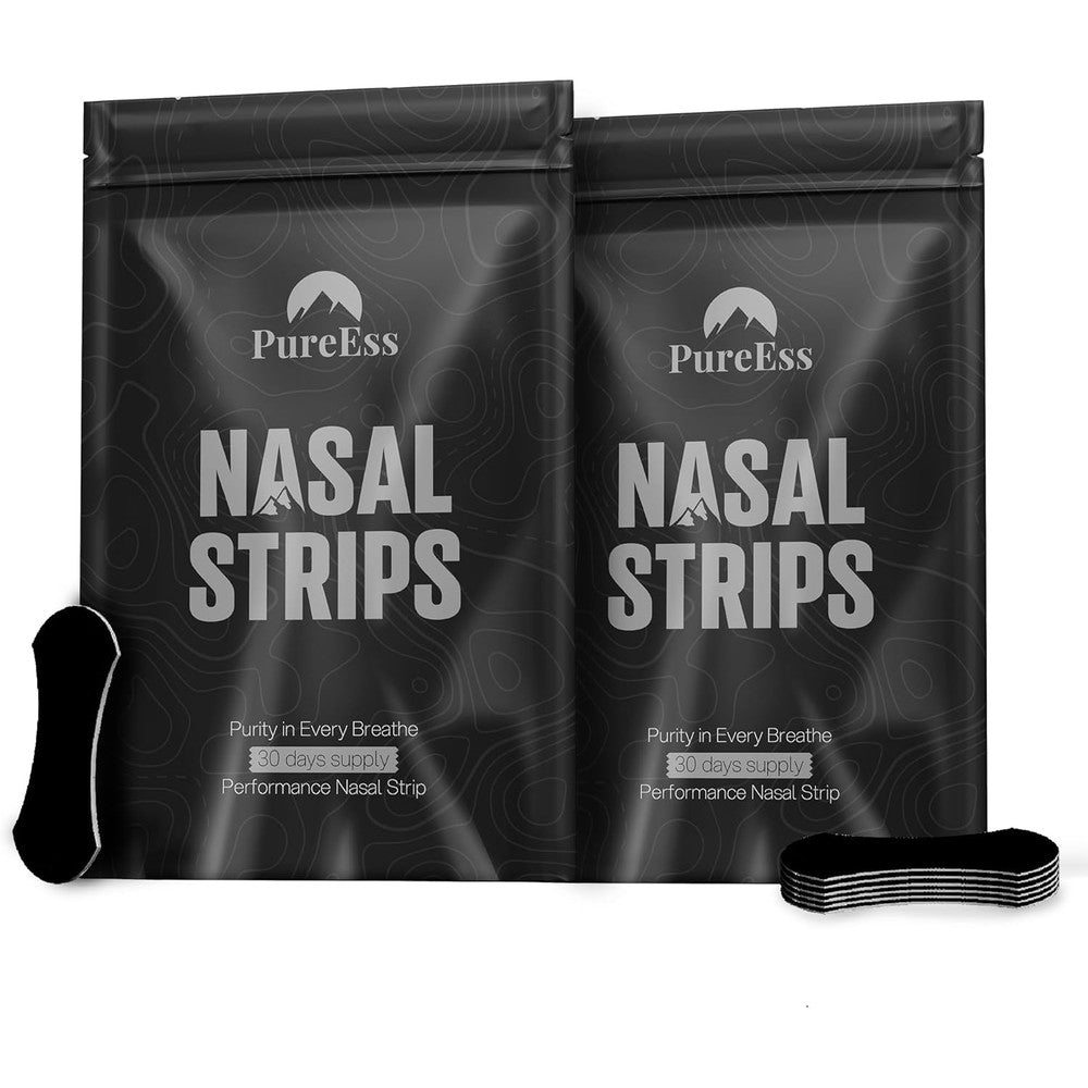Pure Ess Nasal Strips front packaging 60 count box for snoring relief.
