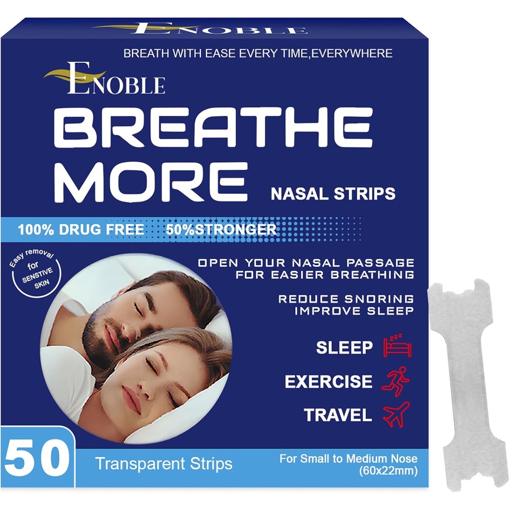 Enoble Breathe More Extra Strength Clear Nasal Strips front view packaging for snoring relief