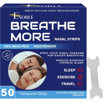 Enoble Breathe More Extra Strength Clear Nasal Strips front view packaging for snoring relief