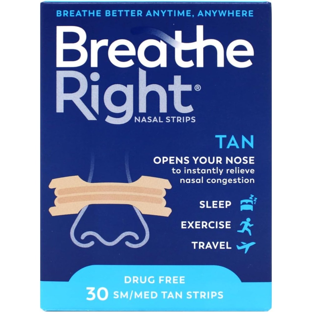 Breathe Right Original Tan Nasal Strips front packaging view for congestion relief.