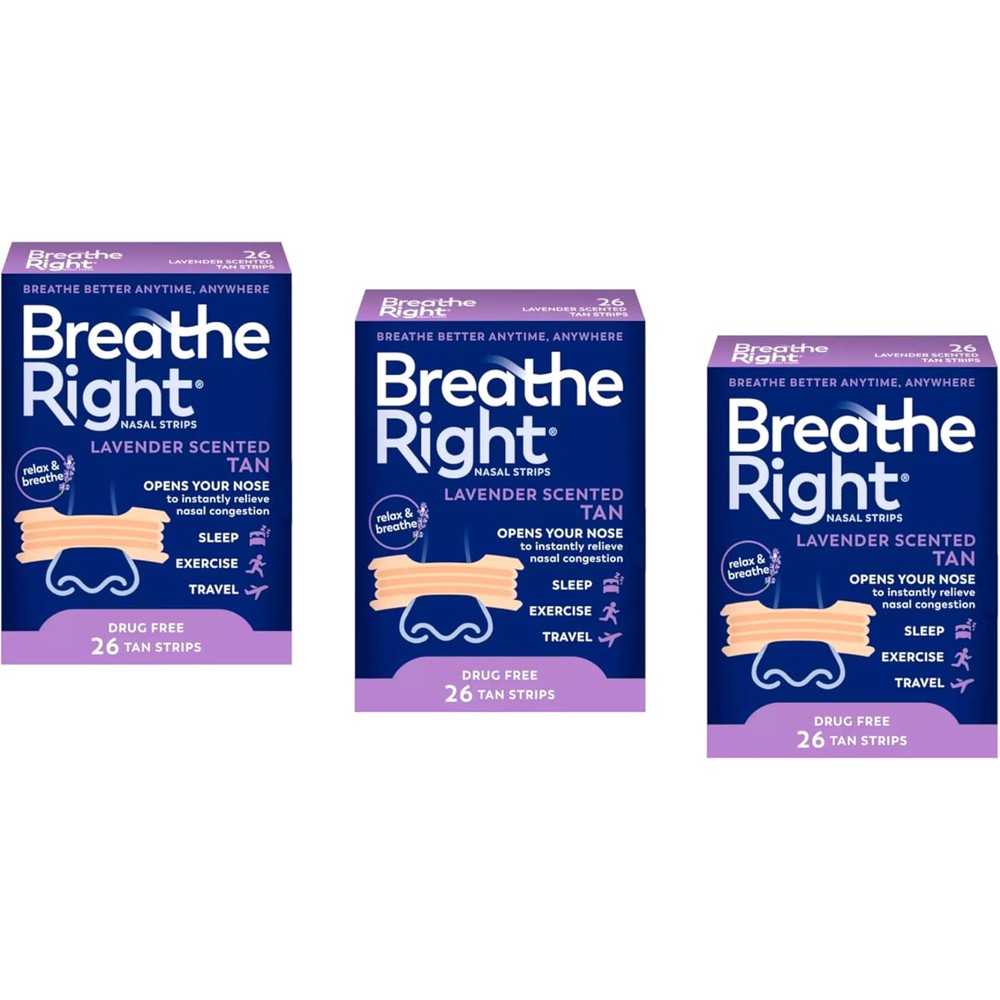 Breathe Right Lavender Nasal Strips front view for snoring relief.