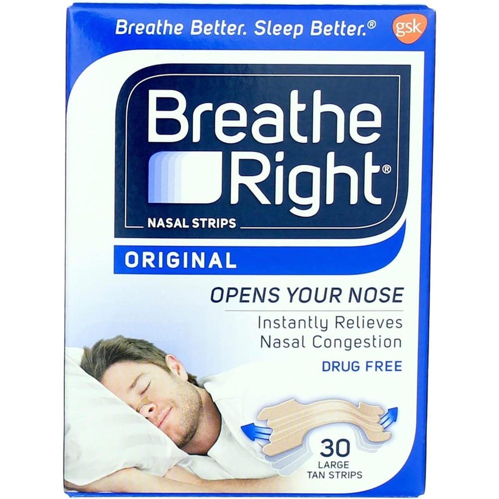 Breathe Right Nasal Strips Original Tan Large front packaging for snoring relief.