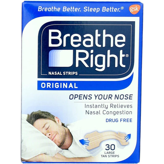 Breathe Right Nasal Strips Original Tan Large front packaging for snoring relief.