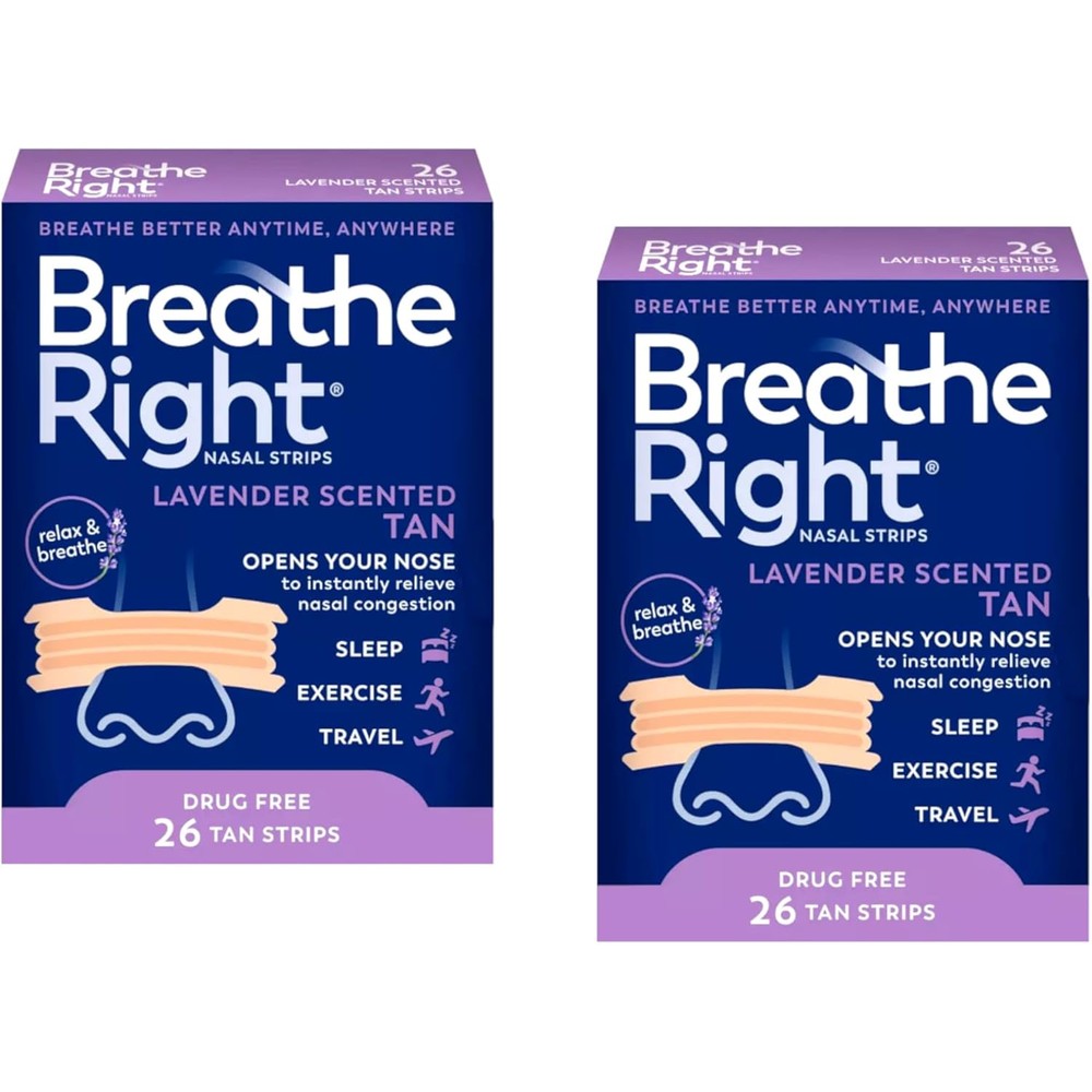 Breathe Right Calming Lavender Nasal Strips 26 count pack front view for congestion relief