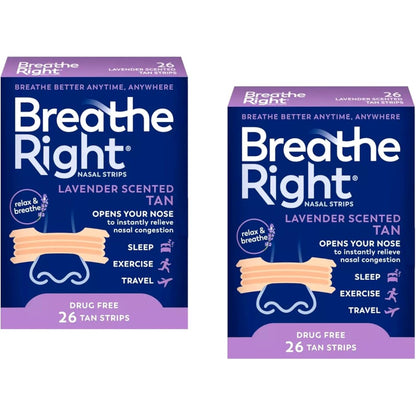 Breathe Right Calming Lavender Nasal Strips 26 count pack front view for congestion relief