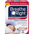 Breathe Right extra strength tan nasal strips 44 count packaging front view showing drug free congestion relief benefits