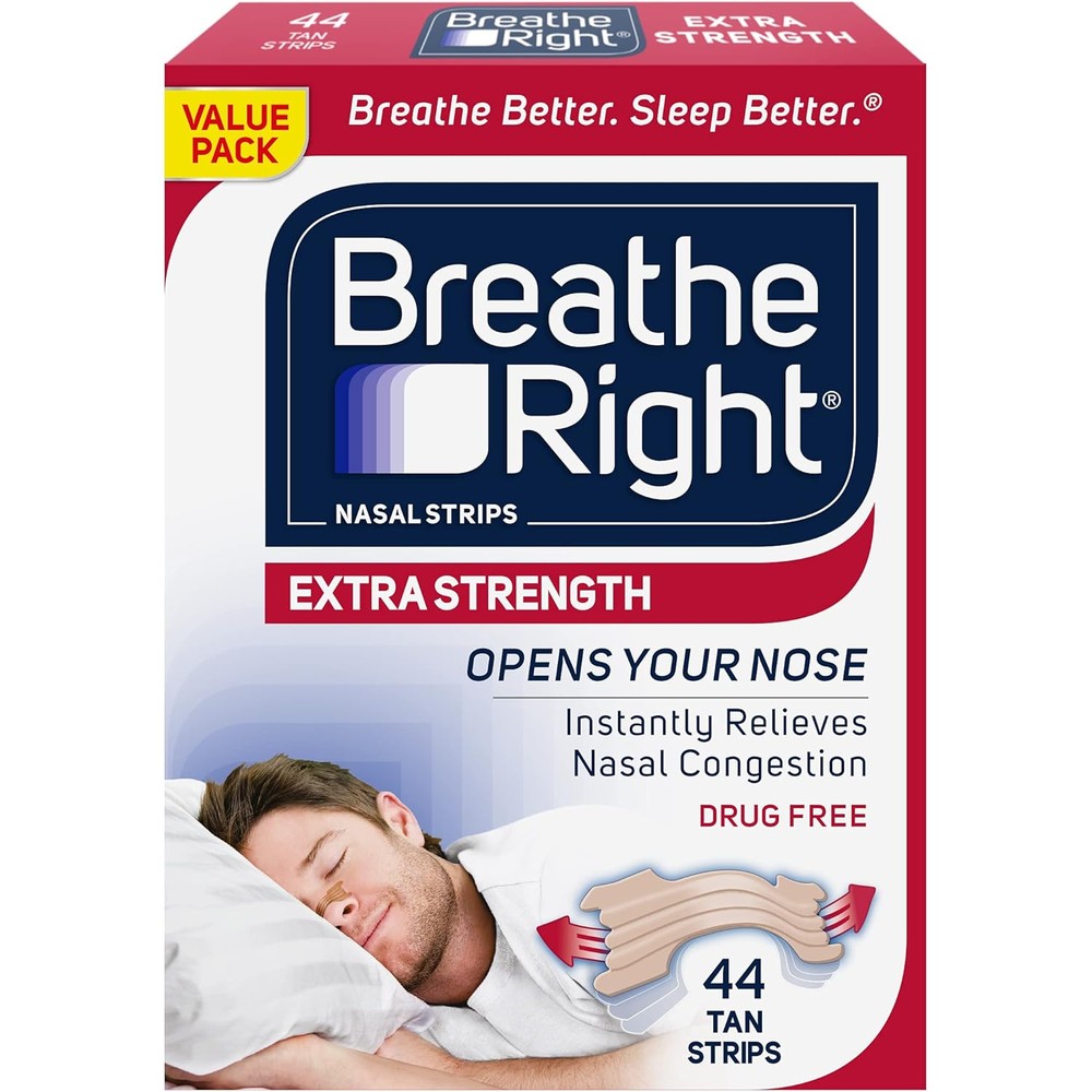 Breathe Right extra strength tan nasal strips 44 count packaging front view showing drug free congestion relief benefits