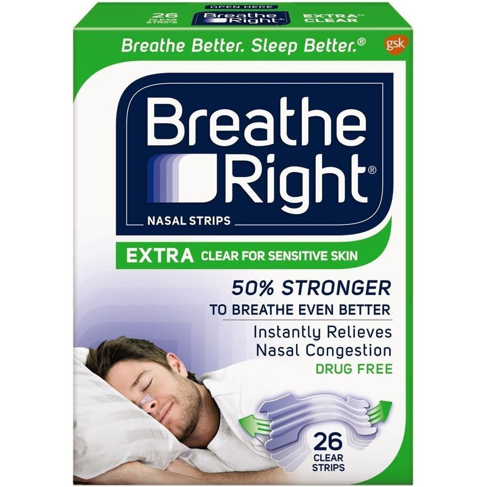 Breathe Right Extra Strength Clear Nasal Strips front view for snoring relief