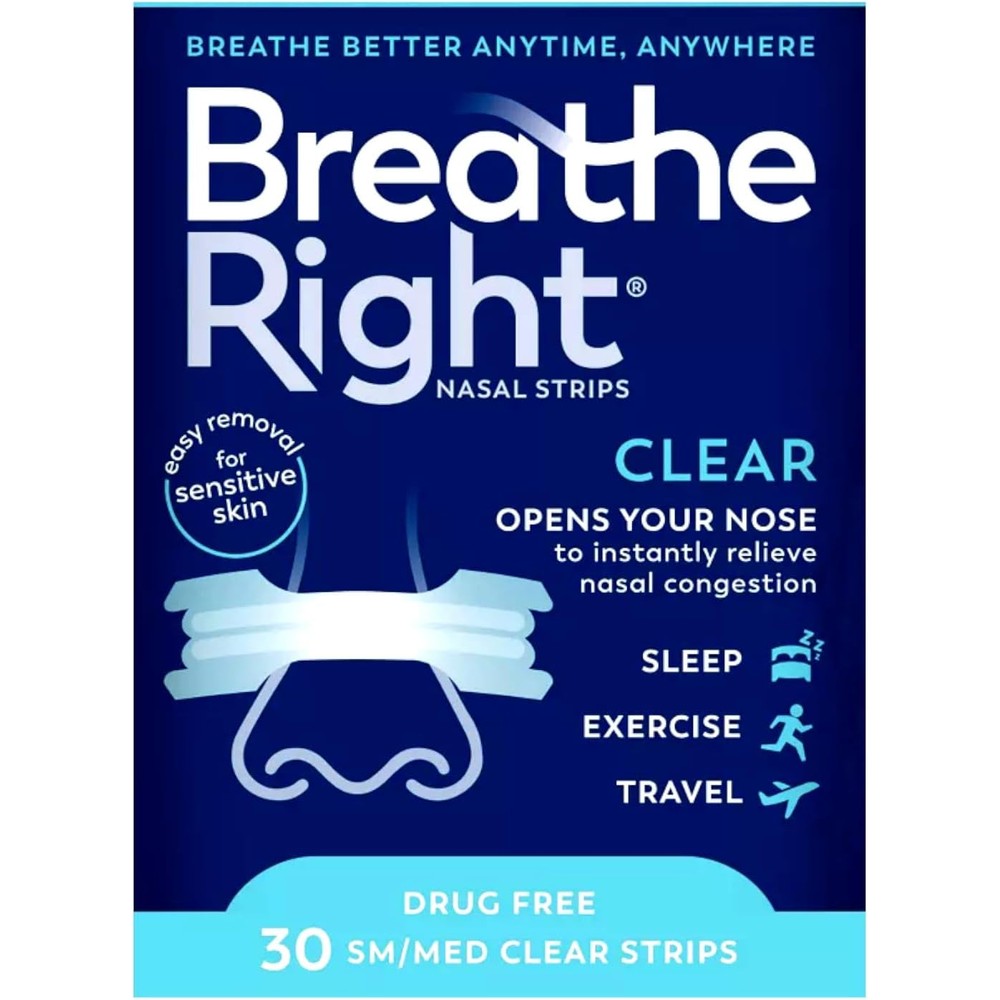 Breathe Right Clear Nasal Strips 30 count box front view snoring relief