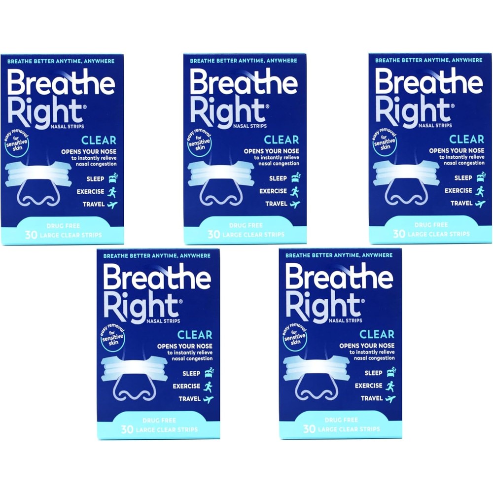 Breathe Right Nasal Strips Clear Large front view packaging for sensitive skin congestion relief