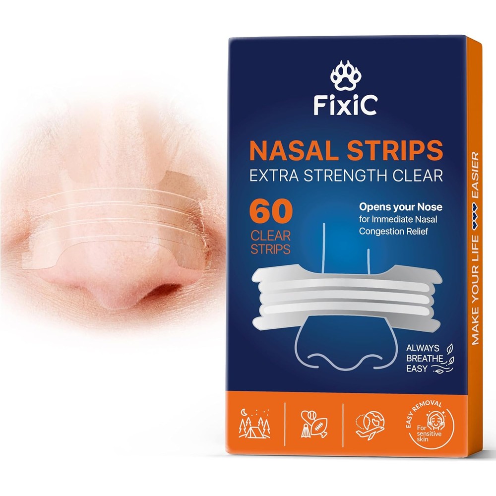 Fixic Nasal Strips for Snoring 60 count box front view for congestion relief.